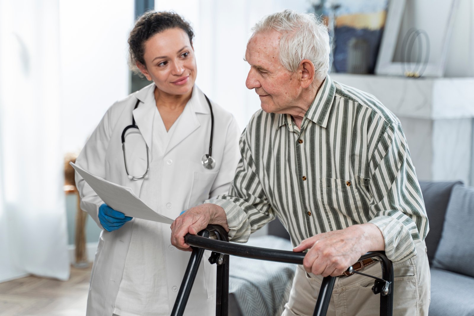 Senior using medical alert device